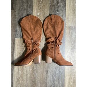 Slouchy Knee High Boots Womens 11W Tan Brown Faux Suede Block Heel